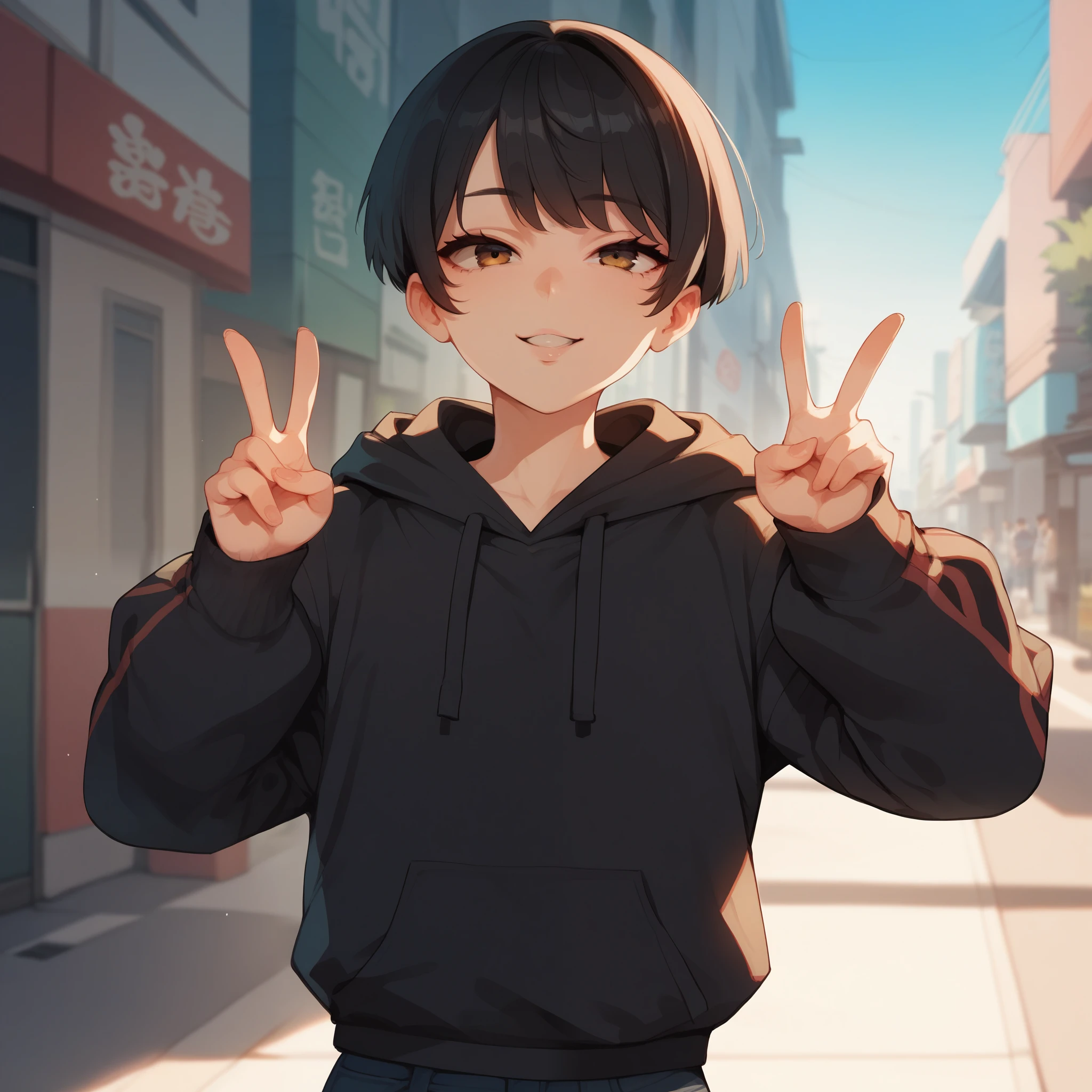 1boy, femboy, slim body, japanese, short black hair, straight bangs, brown eyes, wearing black hoodie, in Tokyo city, V pose