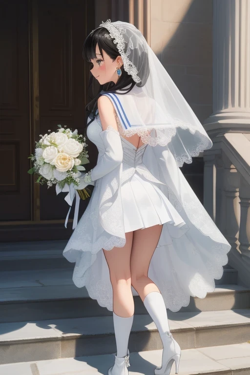 a girl in ankle high white knee high socks and booties up on a set of steps, 1girl, skirt, denim skirt, Alone, high heels, stairs, denim, boots, from behind, flat chested, Thin Thighs , { best quality}, {Very beautiful}, {Ultra-fine}, { best illustration }, black hair, hime cut, Long Hair, had, excited face , female middle school student, Long sleeve sailor suit, skirt, 裸feet, Bare legs, slender, feet, skirtをめくる, the above, blanking, Sulky face, embarrassed , playful gestures , earrings for one woman, Veil, jewelry, Alone, wedding dress, flower bouquet, dress, bridal Veil, flower, Gloves with Elbow Support , white dress, Gloves, flower bride, upper body, From the side, profile, white gloves, Rose, Rise of the Center, shut up, hoop earrings for one woman, White Flower, holding flower bouquet,