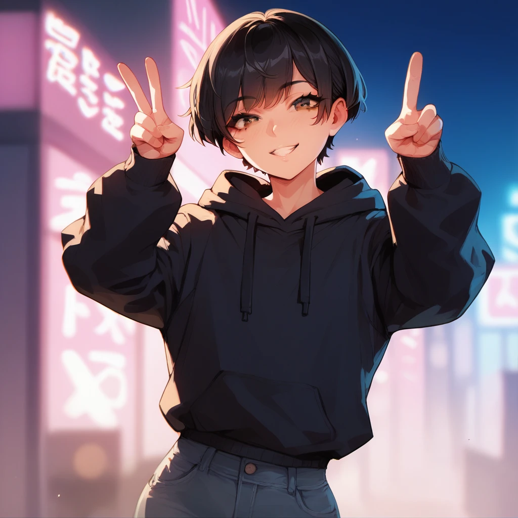 1boy, femboy, slim body, japanese, short black hair, straight bangs, brown eyes, wearing black hoodie, in neon city, V pose