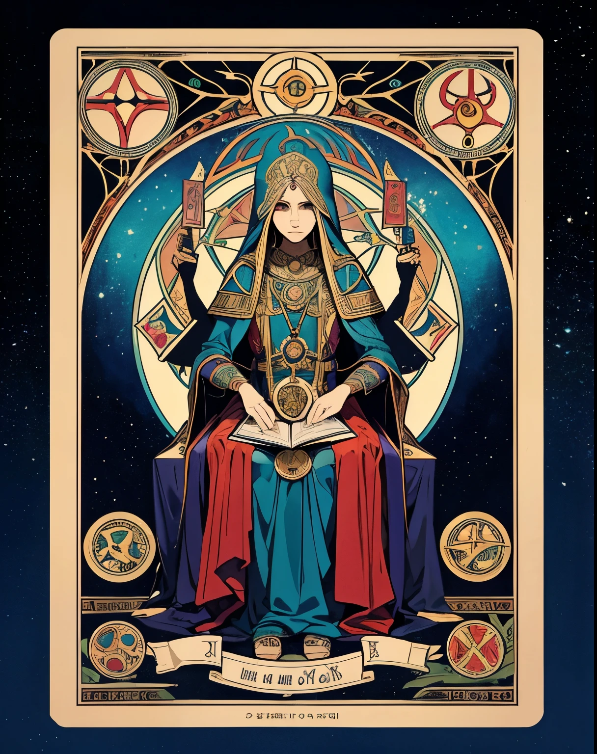 poster that covers the entire image, poster in multiple shades of colors, poster with multiple tarot symbols, very esoteric, Very mystical ,