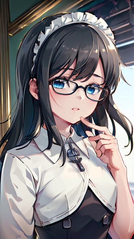 ((( best quality, 8k, masterpiece: 1.3)), (  Details),  perfect face,, Mullet, Rimless Eyewear, Art Deco,  Backlight ,  ultra high resolution, textured skin,  best quality, 8k, Accurate, White collar, British style maid, Maid Costume