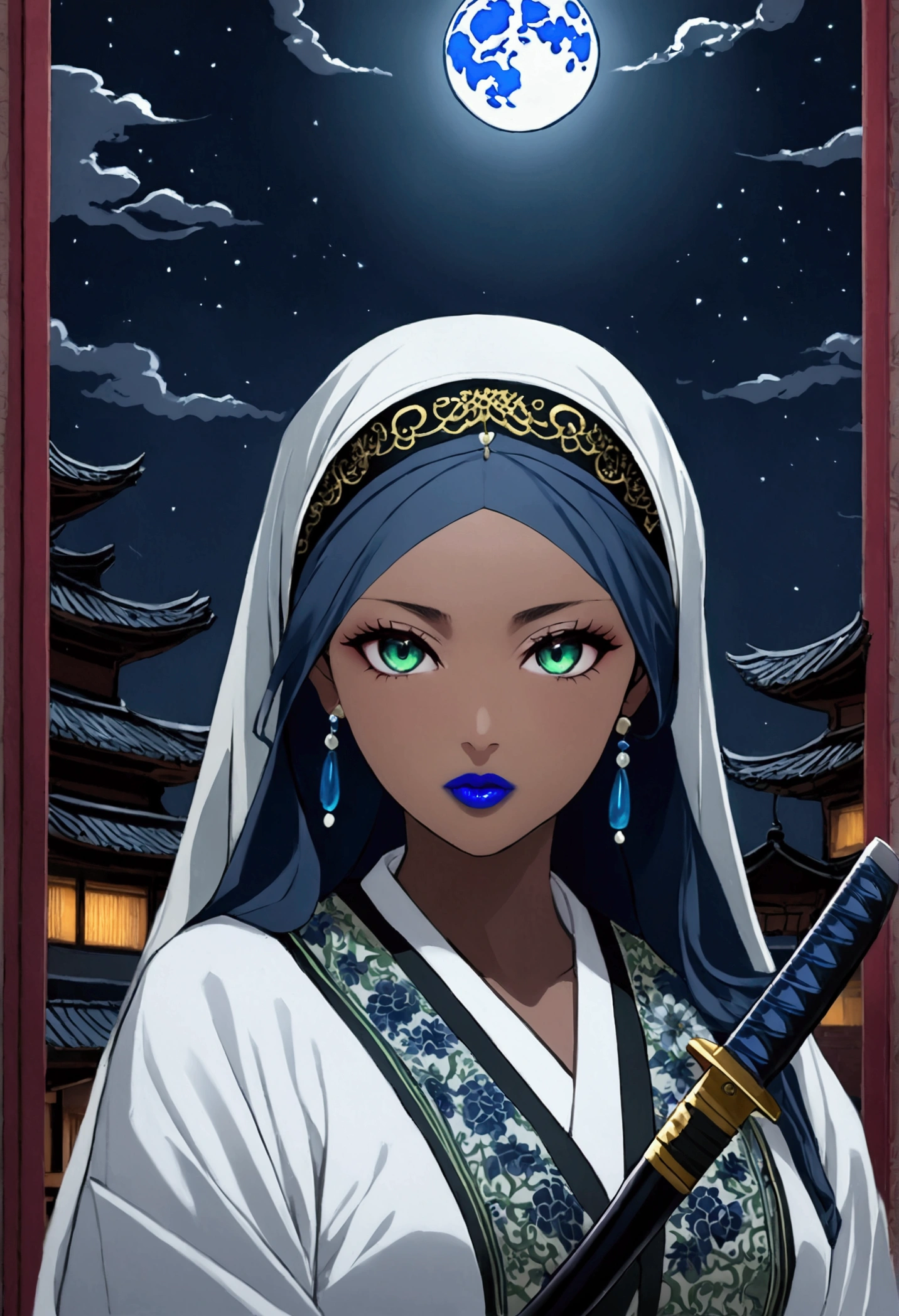 Muslim girl, hijab, green eyes, dark skin, blue lipstick, White kimono, black Steel katana, fullmoon night, terror night scenario.