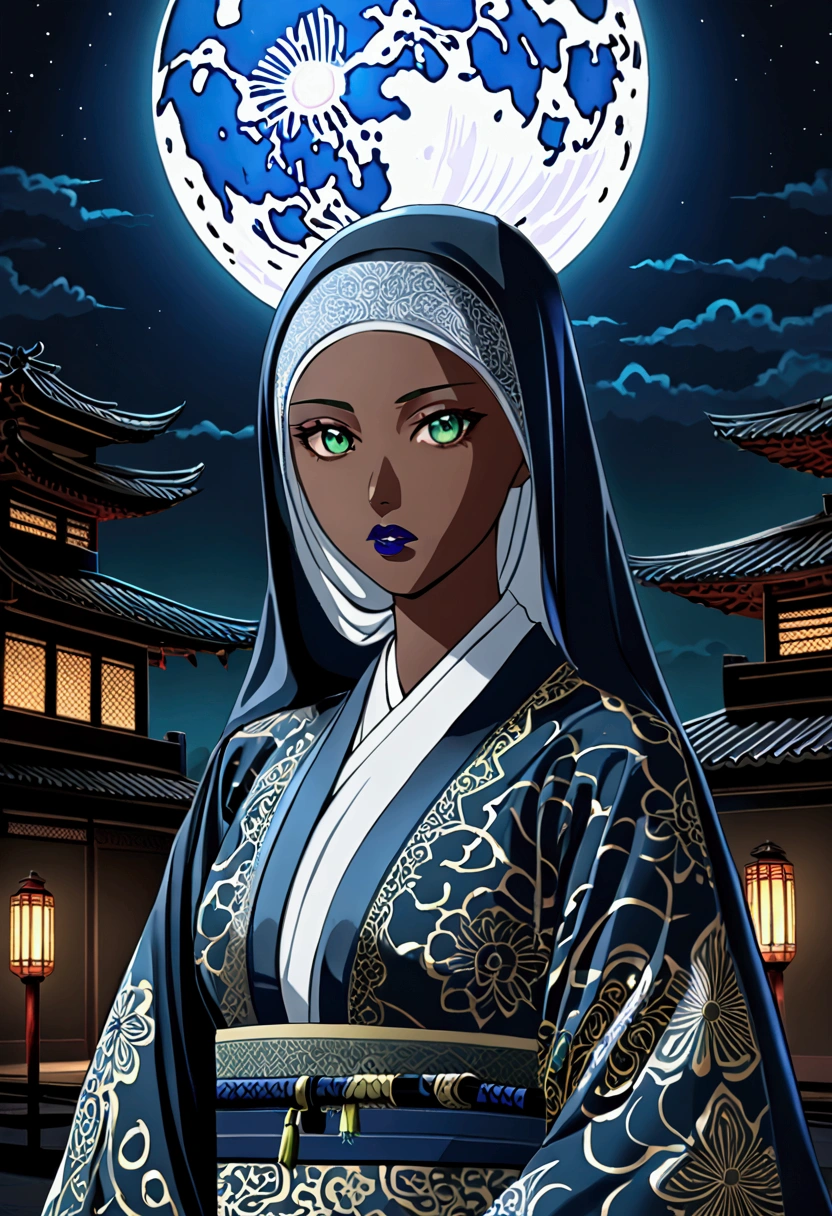 Muslim girl, hijab, green eyes, dark skin, blue lipstick, White kimono, black Steel katana, fullmoon night, terror night scenario.