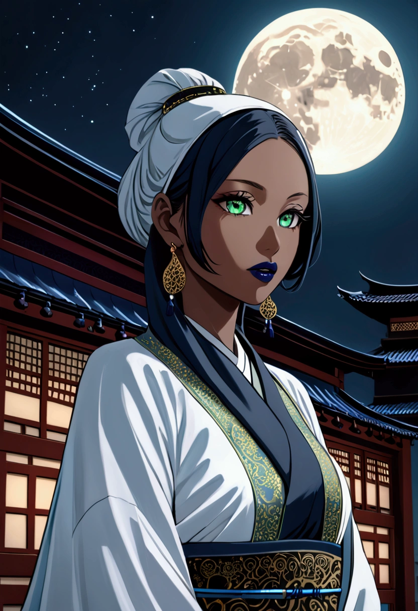 Muslim girl, hijab, green eyes, dark skin, blue lipstick, White kimono, black Steel katana, fullmoon night, terror night scenario.