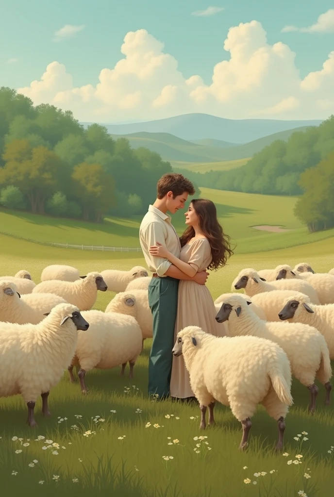 pastoral, Idyll , rural, bucolic, sheep, old classic art,  lyrically, Parent and ,