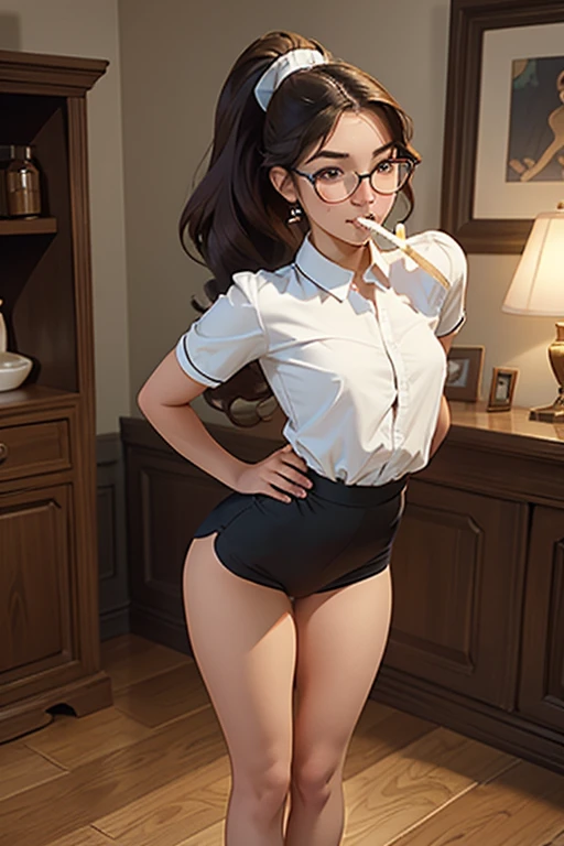 (masterpiece, Best quality:1.2), 1 girl, One,standing_split,Naked body, 18 year old, glasses, bare chest, wide hips, pussy, hands on chest