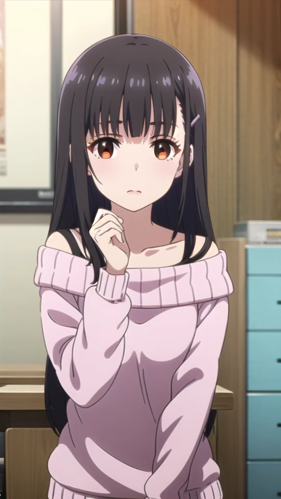 yumeirido, yume irido, long hair, bangs, (black hair:1.5), hair ornament, (brown eyes:1.5), hairclip,
BREAK collarbone, off shoulder, sweater, off-shoulder sweater, pink sweater,
BREAK indoors, classroom,
BREAK looking at viewer, (cowboy shot:1.5),
BREAK (masterpiece:1.2), best quality, high resolution, unity 8k wallpaper, (illustration:0.8), (beautiful detailed eyes:1.6), extremely detailed face, perfect lighting, extremely detailed CG, (perfect hands, perfect anatomy),