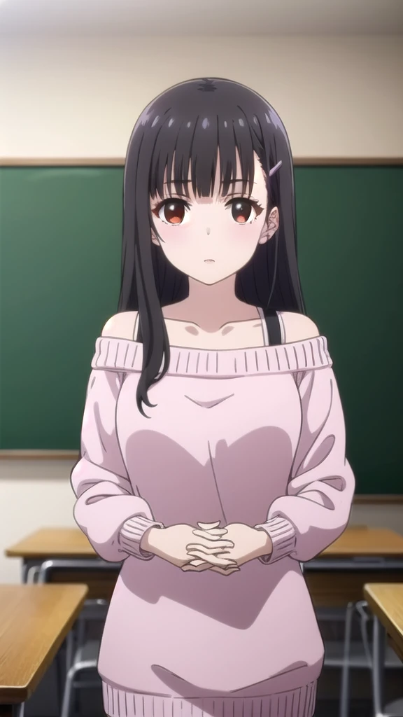 yumeirido, yume irido, long hair, bangs, (black hair:1.5), hair ornament, (brown eyes:1.5), hairclip,
BREAK collarbone, off shoulder, sweater, off-shoulder sweater, pink sweater,
BREAK indoors, classroom,
BREAK looking at viewer, (cowboy shot:1.5),
BREAK (masterpiece:1.2), best quality, high resolution, unity 8k wallpaper, (illustration:0.8), (beautiful detailed eyes:1.6), extremely detailed face, perfect lighting, extremely detailed CG, (perfect hands, perfect anatomy),