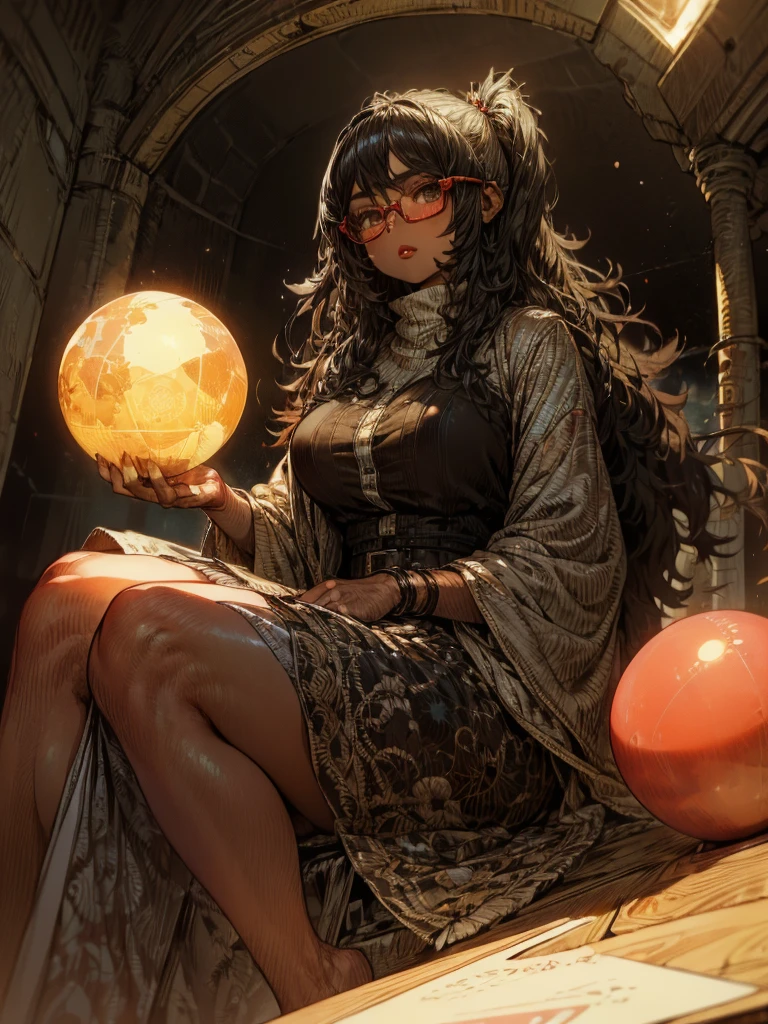 (( 1 girl)), Anime,  black hair, Dark Skin, Shiny glasses lenses, Mouth closed and expressionless,  is sitting, She holds a glowing sphere in her hand.、Two other glowing spheres orbit her.. red lips