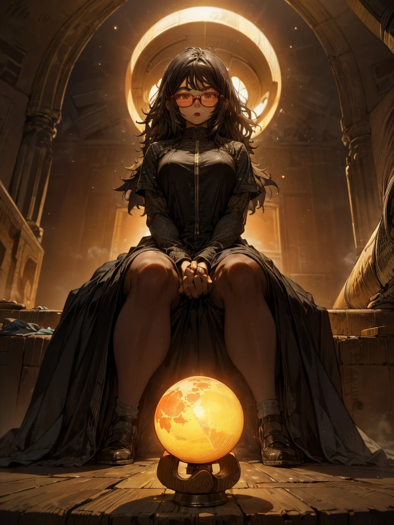 (( 1 girl)), Anime,  black hair, Dark Skin, Shiny glasses lenses, Mouth closed and expressionless,  is sitting, She holds a glowing sphere in her hand.、Two other glowing spheres orbit her.. red lips