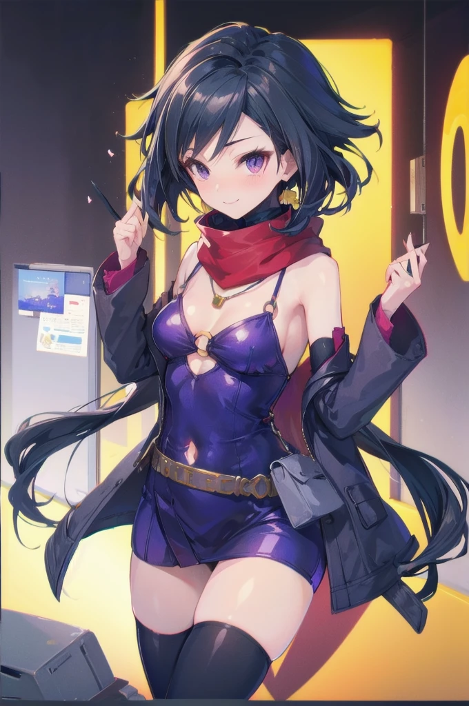 ayame \(gundam build divers\), very long hair, split ponytail, ninja, detached sleeves, red scarf, black thighhighs, ninja mask, kimono, purple sleeves, 1girl, solo, (microdress), (golden), (bodycon), fur, cleavage, navel, jentle smile, (face focus), (o-ring:1.2), jewelry, necklace, waist cutout, belt, fishnet thighhighs, highheels, looking at viewer BREAK masterpiece, best quality, glowing skin, mature figure, voluptuous body, shiny skin, mature women, (small breasts), from the front, 座り込み、脚を広げて、(chromatic aberration, intricate details), dynamic angle, 40K, HDR, highres,