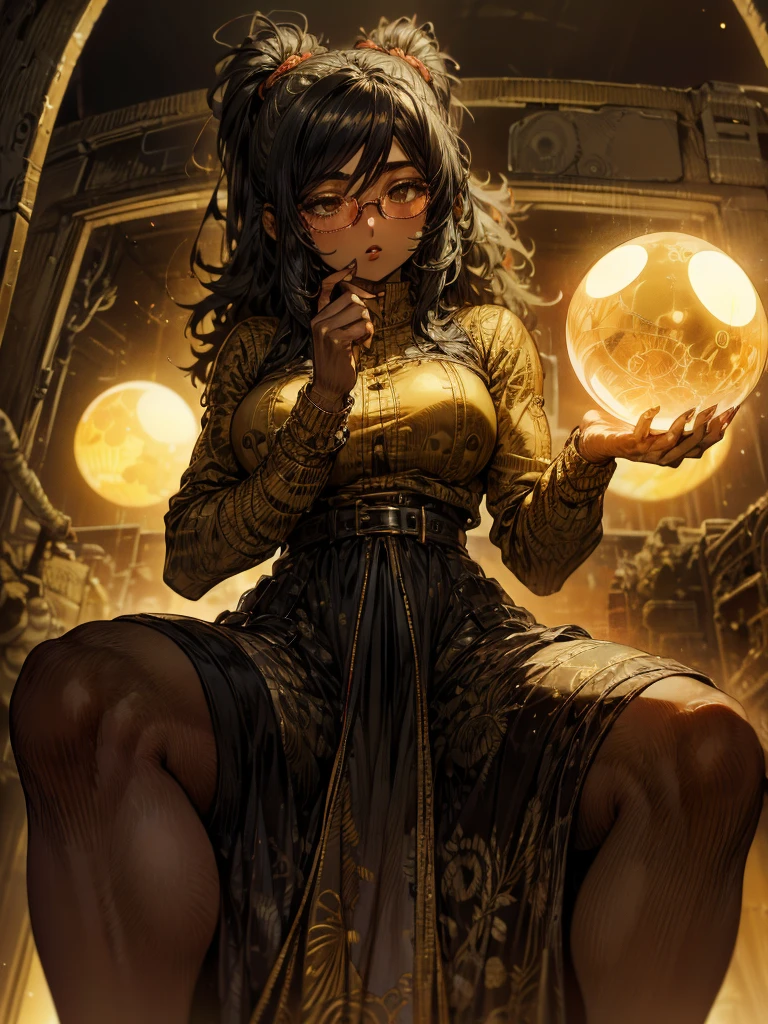 (( 1 girl)), Anime,  black hair, Dark Skin, shiny golden eyeglass lenses, Mouth closed and expressionless,  is sitting, She holds a glowing sphere in her hand.、Two other glowing spheres orbit her.. red lips