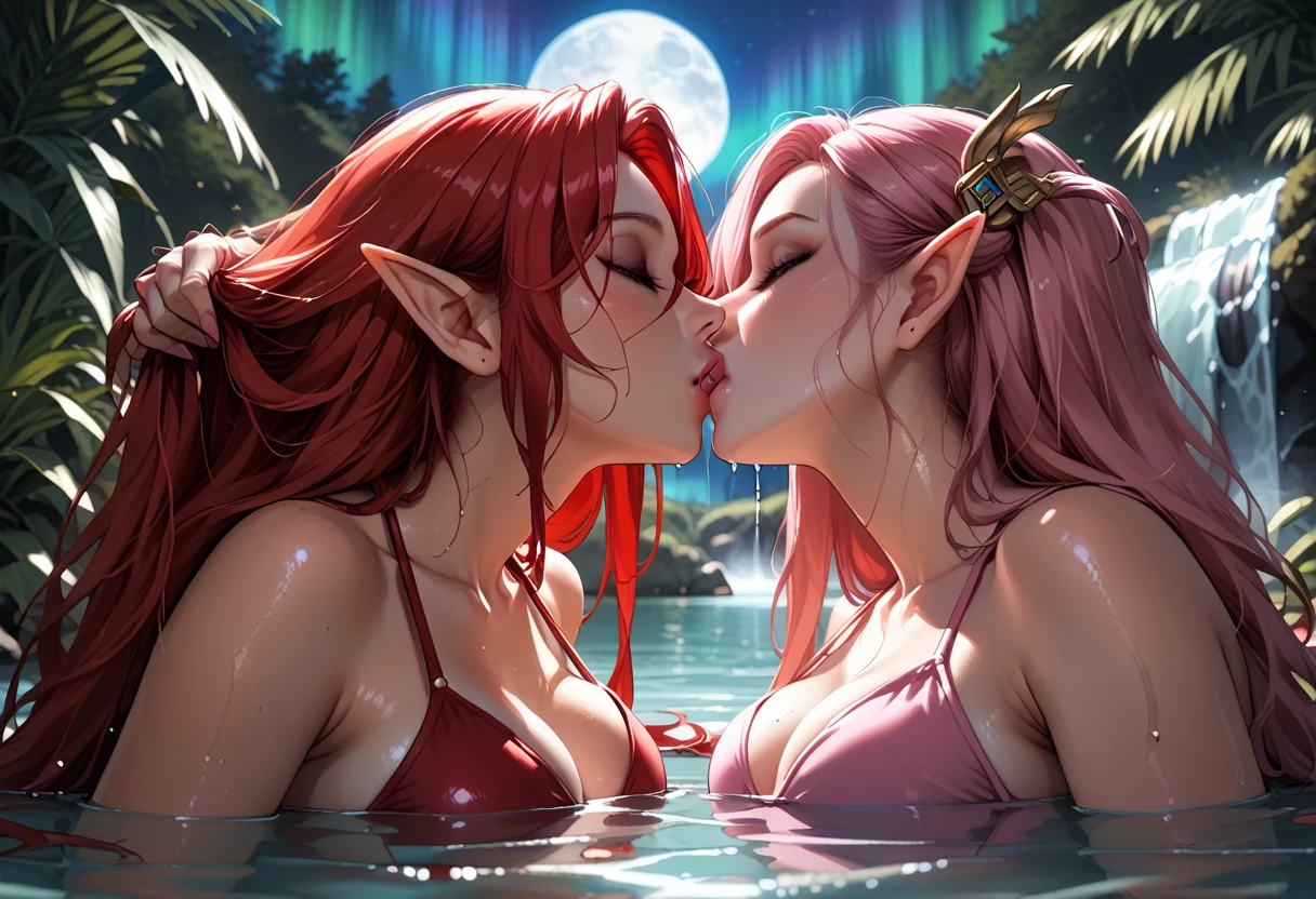 score_9, score_8_up, score_7_up, 2girls, {Afemale_and_Bfemale}, Tag1: {Afemale: Adult, Mature, Curvy, Elf Woman: 1.3, (Long Red Hair over one eye: 1.5), wearing a (Red Bikini Swimsuit: 1.3), curvy, medium breasts: 1.3} and Tag2: {Bfemale: Adult, Curvy, Mature, Elf Woman: 1.3, Long Bright Pink hair over one eye: 1.4, wearing a (Pink Bikini Swimsuit: 1.3), curvy, medium breasts: 1.3}, (lying on back, under a waterfall, lying on top, hand in hair, submerged in water, at a lake at night under the full moon and aurora: 1.3), (Yuri_Kiss: 1.3), (kiss: 1.3), (eyes closed,: 1.3), (Close-up: 1), (side: 1.0), extremely detailed, ray tracing, RTX, high saturation, high contrast, photon mapping, sharp image, best quality, detailed background, intricate details
