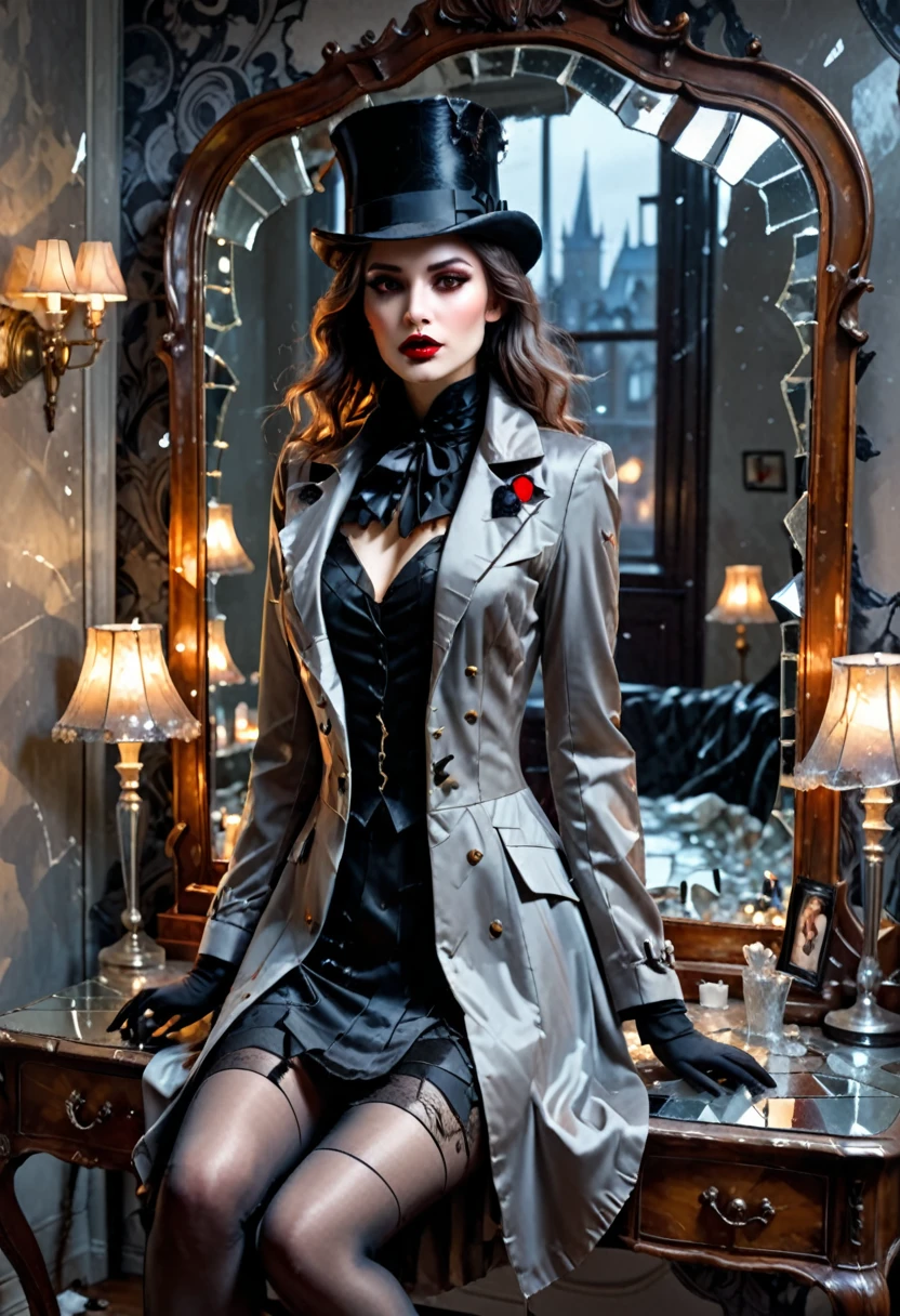 realistic, charlie-bowater-style, vampire, torn grey coat with patches on it, old top hat of light brown color with patches on it, sitting in front of an old dressing table with broken mirror(broken glass), grey brown hair, (modern), maniac, at night, caramel skin tone, woman, modern apartment, year 2024, silk stockings 