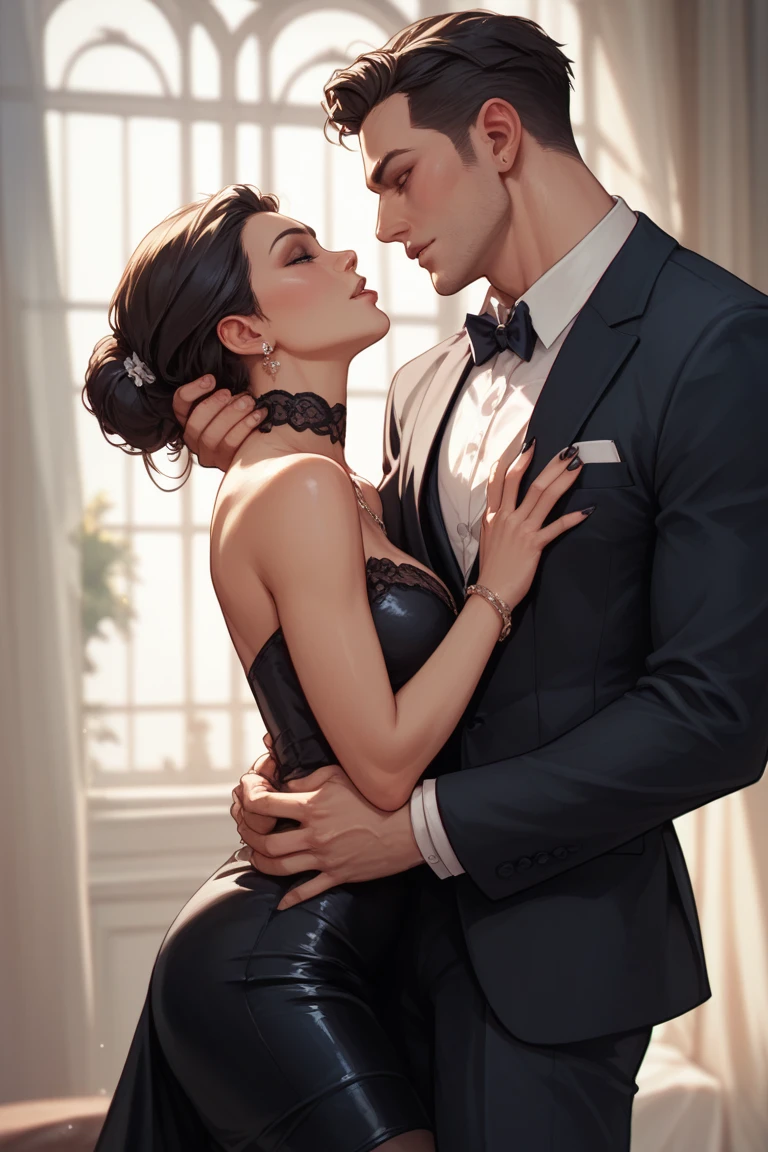Dominant Mistress,brown bun hairs, wearing purple boot-cut pants, wearing purple underwear, wearing black home sandals,man wearing suit, man kissing mistress's foot 