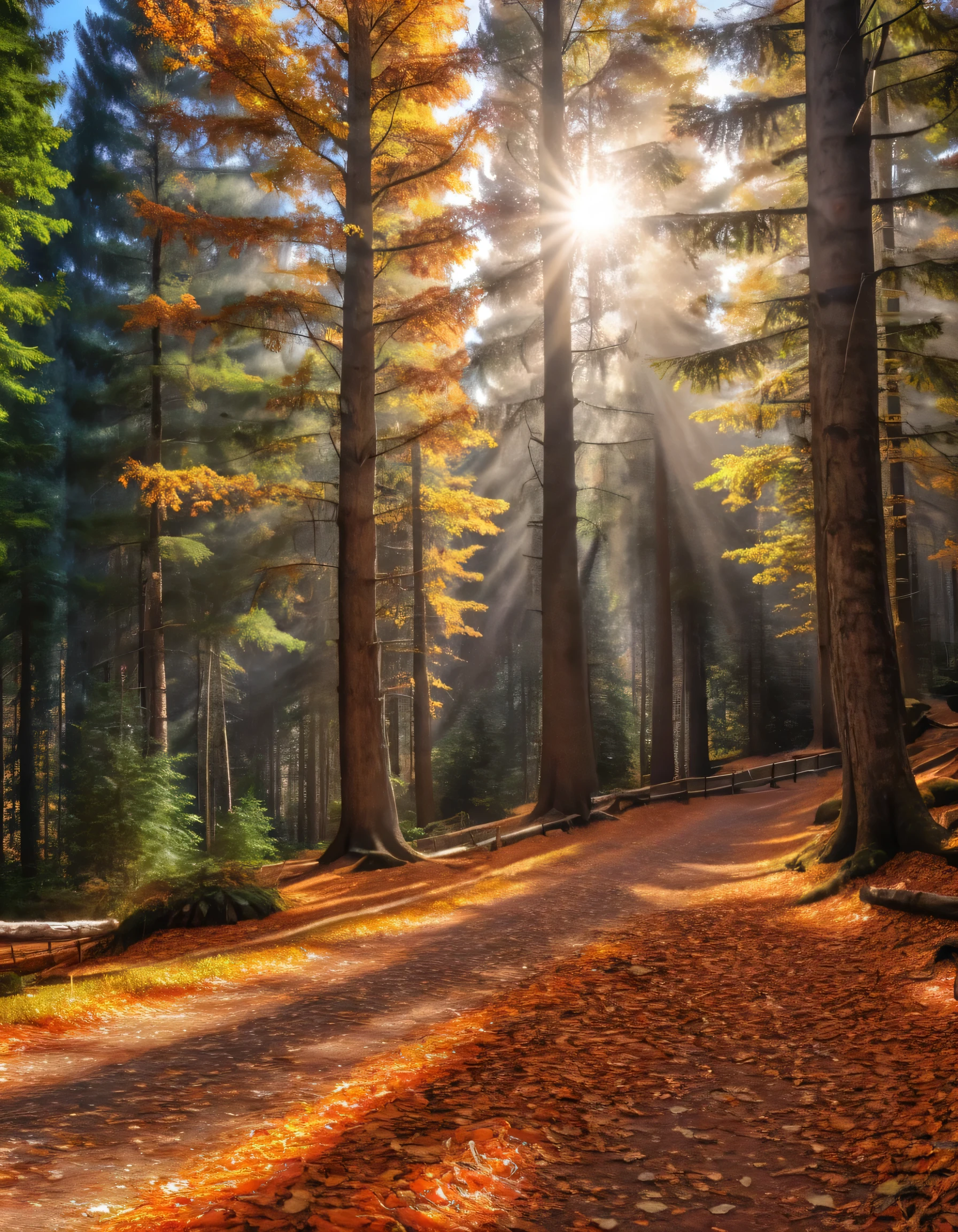beautiful sunny day lifelike and very realistic in an austrianlike forest in autumn, a bit snow, motivational, beautiful photography, 8k, very textured, very detailed, (best quality, 4K, 8k, highres), ultra-detailed, Studio lighting, extremely detailed, warm shades, (ultra clarity), Top quality , detailed backgrounds, very detailed floor, very detailed trees, very detailed and lifelike mountain, unedited photo, HDR, hyper realistic, lifelike texture