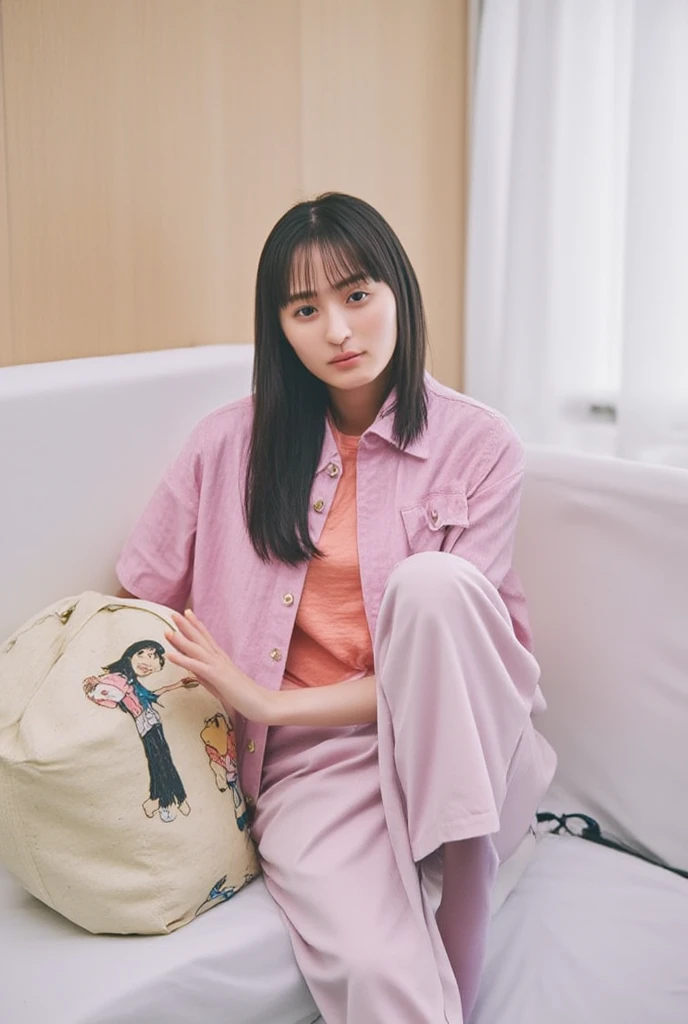 A thai woman 20 years laying on the bed ,sleep on right side, head on pillow, She is wearing a cute, pastel-colored outfit, featuring a pink shirt with cartoon illustrations, high socks in light purple with small, subtle patterns, and a pair of white lace bikini.  adding a casual and cozy atmosphere to the image. The lighting is soft, giving the room a natural, lived-in feel. Top  view, full body,