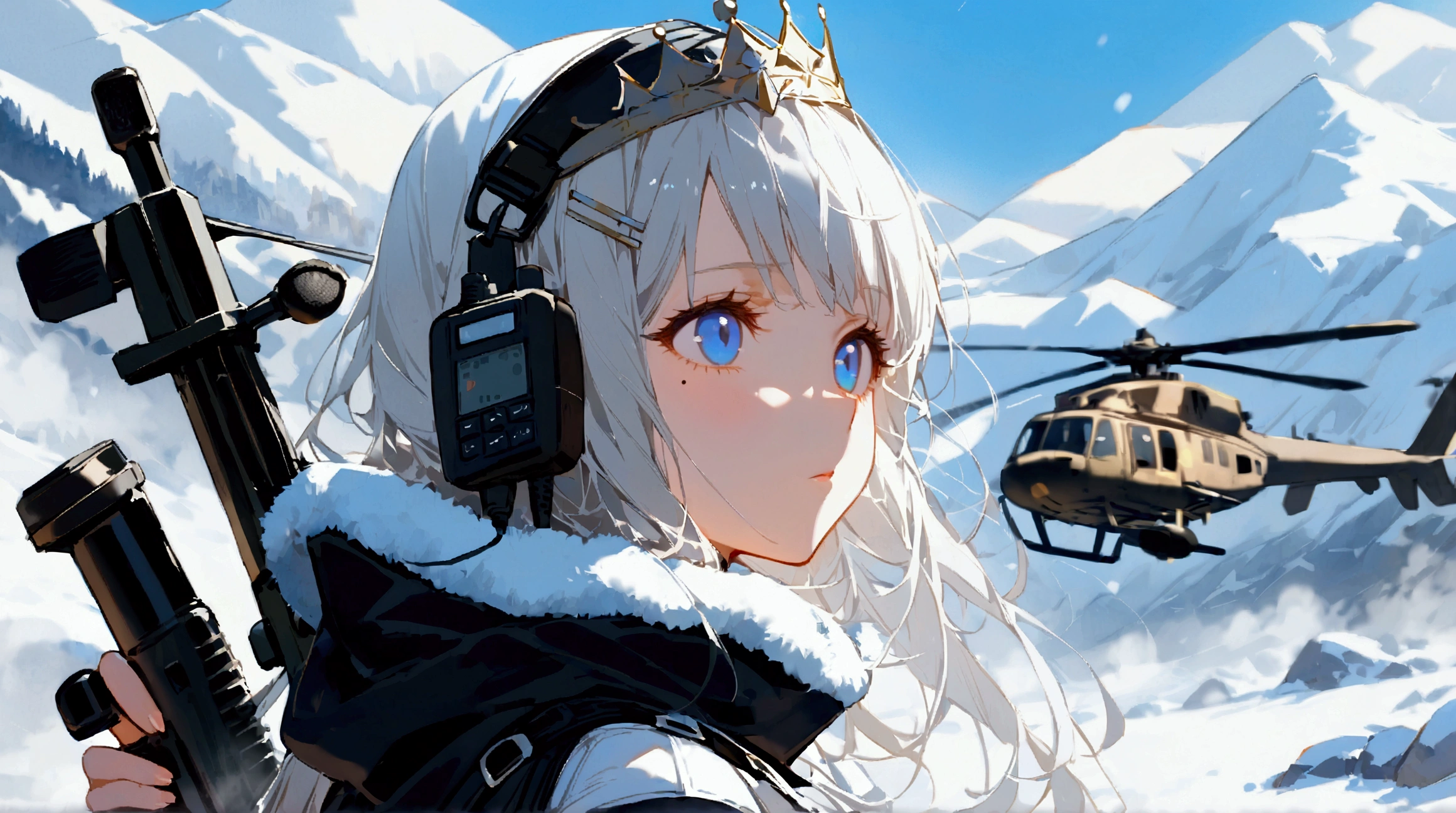 A girl with silver hair  , with blue eyes ,  on her hair, a hairpin with a crown ,  long straight hair , mole under left eye, earphone walkie talkie   ,  in a black turtleneck with open shoulders , wearing a warm white cloak with a hood  ,  The girl is equipped in modern light armor with ry armor on her arms, shoulders and knees,   behind her back on her belt weighs a sniper rifle  ,  irritated look  ,  The gaze is directed upwards ,  against the snowy mountains  ,  a crashed military helicopter is burning in the background and there is a snowstorm