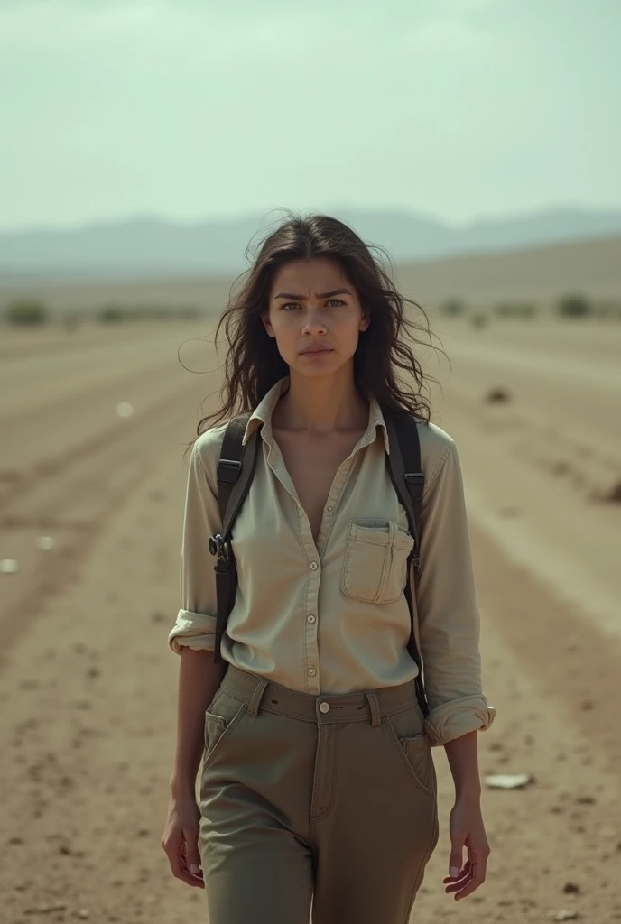 ((Best Quality)), ((Masterpiece)), ((Realistic)), ((Best Quality)), ((Masterpiece)), ((Realistic)), Girl walking in the desert, looking tired, Wearing loose-fitting clothing Long-sleeved shirts and pants, headdress, Sunglasses, very extremely beautiful, in a natural and casual style at eye level, painterly, Masterpiece, (hight resolution), Original, extremely detailed 8K , (Photorealistic:1.4),flawless face, Perfect eyes,symmetrical body shape,Smile,