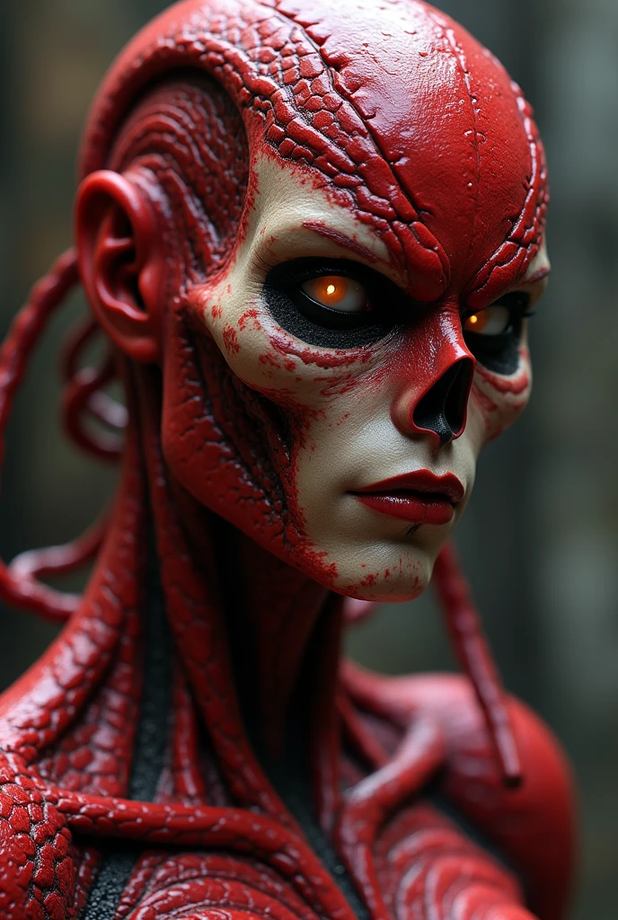 A humanoid robot with the right half being light blue and black、A reddish-black creature with scales on the left half、The seams look like a living thing is invading the robot.、A man's face from the neck up, with a monster's eye glowing red in the left eye、The right eye looks like a robot、whole body、Staring at me