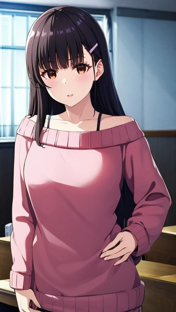 yumeirido, yume irido, long hair, bangs, black hair, hair ornament, brown eyes, hairclip,
BREAK collarbone, off shoulder, sweater, off-shoulder sweater, pink sweater,
BREAK indoors, classroom,
BREAK looking at viewer, cowboy shot,
BREAK masterpiece, best quality, high resolution, unity 8k wallpaper, beautiful detailed eyes, extremely detailed face, perfect lighting, extremely detailed CG, (perfect hands, perfect anatomy),