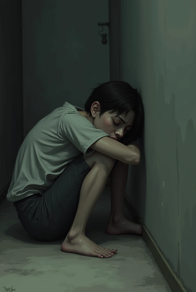 Sad pose boy a room corner picture