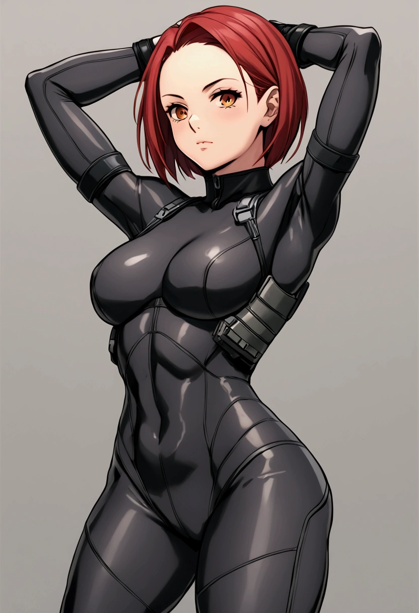 reginaDC, regina, dino crisis, 1girl, female, athletic woman, showing armpits, raised arms, arms up, arms behind head, posing, solo, masterpiece, shaved armpits, perfect proportions, black bodysuit, gray fabric layer under bodysuit, young, bare shoulders, tactical fingerless gloves, pistol