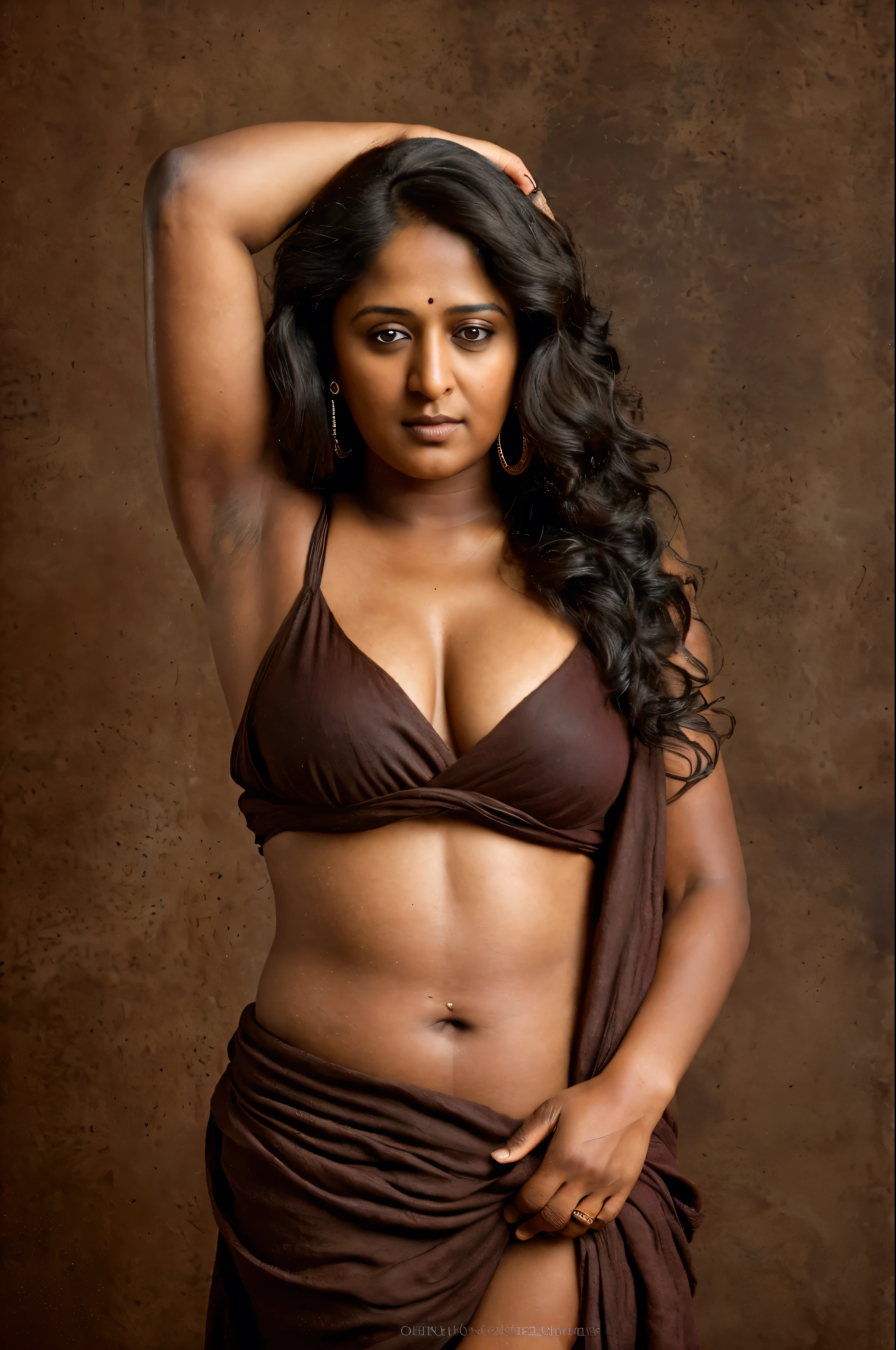 Create an extremely sexy portrait photo of Nayanthara, a 40-year-old hot MILF, celebrity actress. This photorealistic upper body portrait should feature Nayanthara as a curvy, busty woman with swooping breasts and deep cleavage. Her tall figure is emphasized, with her arms open to reveal sexy armpits. She wears a necklace and is situated beside a temple in a forest, stripping off a shiny black mini-wear outfit. Her hair is styled in a ponytail. The image should showcase an insanely detailed, realistic skin texture, capturing every nuance of her allure.
