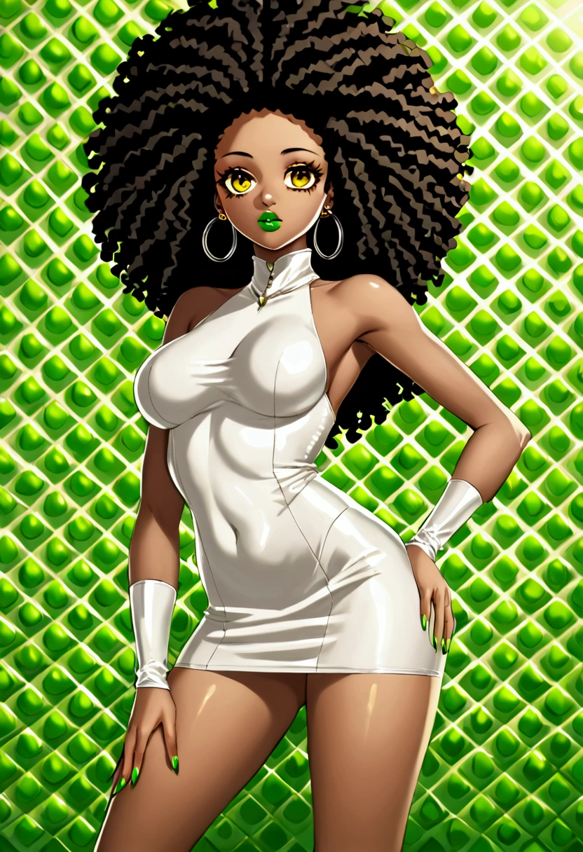 Afro girl, dreed hair, yellow eyes, green lipstick, bih boobs, white latex dress, short dress, hokker, bight bluc, solo, dreeds, sexy pose, ecchi, hottie afro.