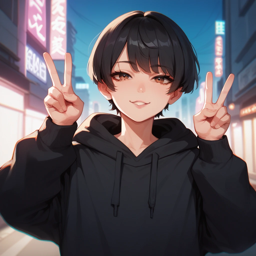 1boy, femboy, slim body, japanese, short black hair, straight bangs, brown eyes, wearing black hoodie, in neon city, V pose, face and bust focus 