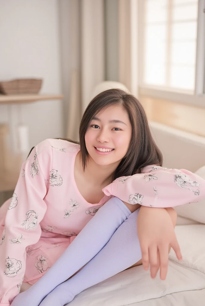 A thai woman 20 years laying on the bed , head on pillow, She is wearing a cute, pastel-colored outfit, featuring a pink shirt with cartoon illustrations, high socks in light purple with small, subtle patterns, and a pair of white lace bikini.  adding a casual and cozy atmosphere to the image. The lighting is soft, giving the room a natural, lived-in feel. Top  view, full body,