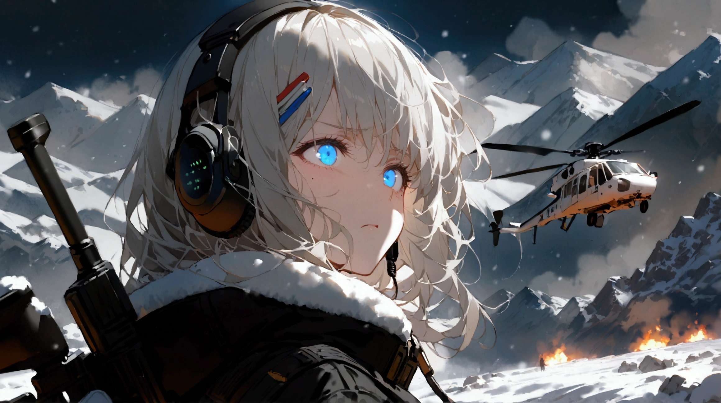 A girl with silver hair  , with blue eyes , Hair clip ,  long straight hair , mole under left eye, earphone walkie talkie   ,  in a black turtleneck with open shoulders , wearing a warm white cloak with a hood  ,  The girl is equipped in modern light armor with ry armor on her arms, shoulders and knees,   behind her back on her belt weighs a sniper rifle  , disgust on the face  ,  The gaze is directed upwards ,  against the snowy mountains  ,  a crashed military helicopter is burning in the background and there is a snowstorm 