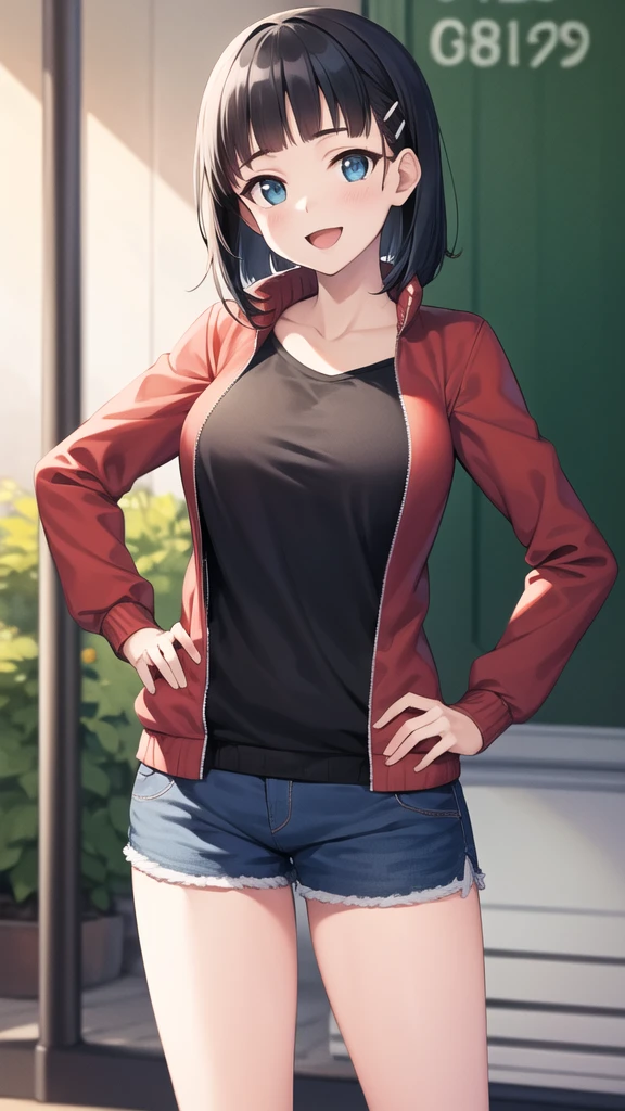 masterpiece, best quality, highres, aasugu, short hair, hairclip, large breasts, track jacket, red jacket, black shirt, blue shorts, standing, cowboy shot, park, outdoors,