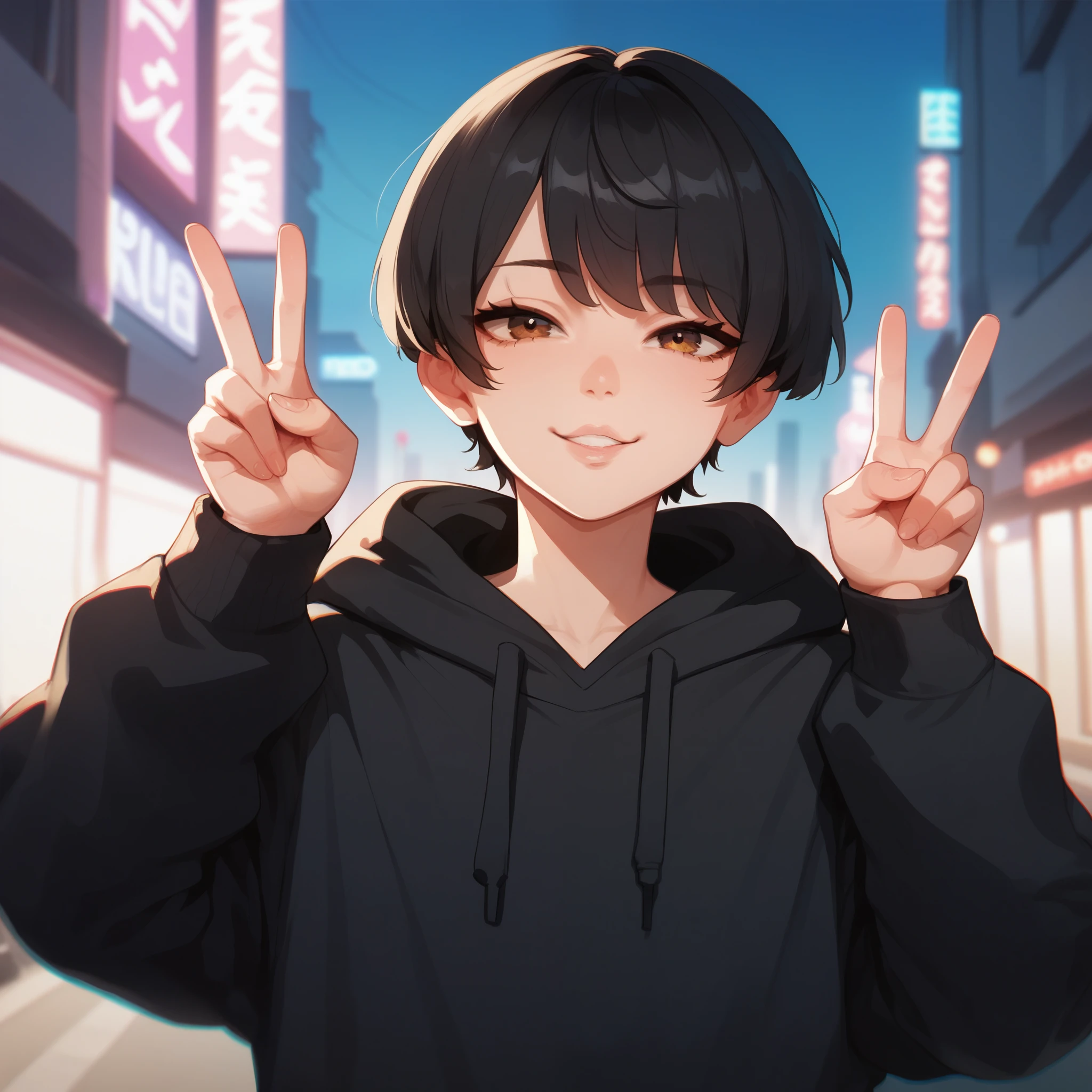 1boy, femboy, slim body, japanese, short black hair, straight bangs, brown eyes, wearing black hoodie, in neon city, V pose, face and bust focus 