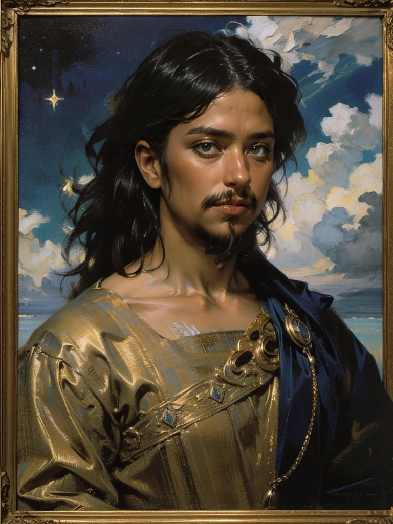 Make a masterpiece of an oil painting, renaissance style, draw a portrait of a middle eastern man with strong features that resemble the commonly know depiction of Jesus, He should have shoulder-length, wavy brown hair and a well-defined full grown beard, He should be fully clothed and His robes should be flowing and depicted in soft, earthy tones like beige or light brown, He should have an etheral glow light behind his head. The background is consisted of a celestial dark blue with stars and clouds that resemble heaven, A half body, acrycle painting, Nice photo frame, the image should have a clear separation of light and dark making it a high contrast,  Correct human anatomy, Complete and correct 5 fingers