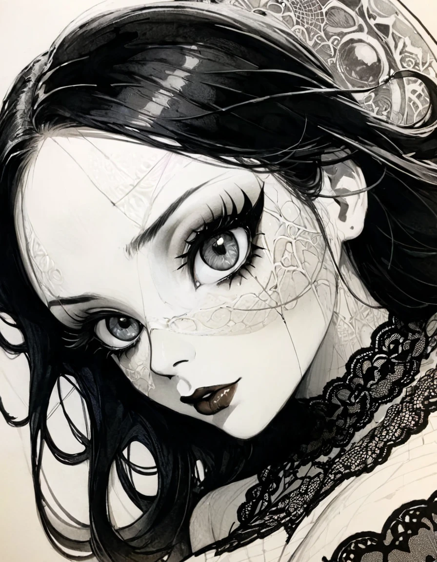 sexy girl, medium breast, very long black hair, embroidered fabric, skulls, dark moon,girl,love, lace dress, stockings, red bow, black and white sketch style, art inspired by Bill Sienkiewicz and Dave McKean, (best quality,4k,8k,highres,masterpiece:1.2),ultra-detailed,(realistic,photorealistic,photo-realistic:1.37),beautiful detailed eyes,beautiful detailed lips,extremely detailed eyes and face,longeyelashes {{{,nsfw,sexy nude,cute,ultra detailed skin,sketch}}}, ,}}}, art inspired by Bill Sienkiewicz and Dave McKean
