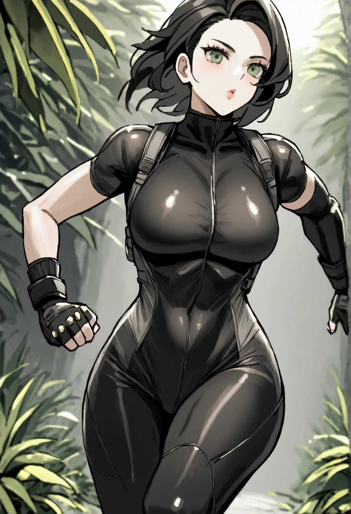 reginaDC, regina, dino crisis, 1girl, female, athletic woman, running, running in the jungle, posing, solo, masterpiece, savage jungle perfect proportions, black bodysuit, gray fabric layer under bodysuit, young, tactical fingerless gloves.