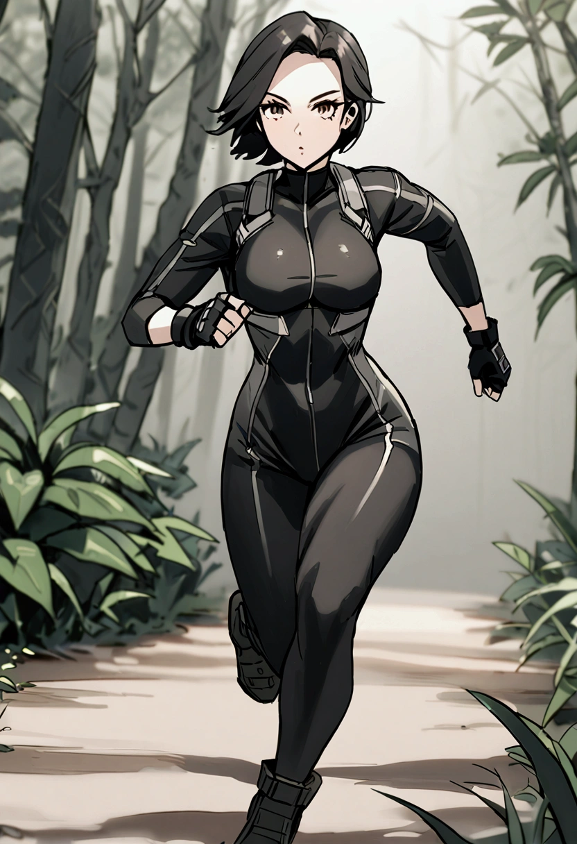 reginaDC, regina, dino crisis, 1girl, female, athletic woman, running, running in the jungle, posing, solo, masterpiece, savage jungle perfect proportions, black bodysuit, gray fabric layer under bodysuit, young, tactical fingerless gloves.