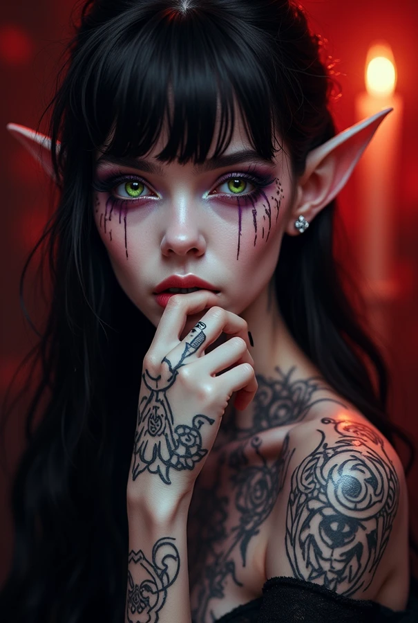 A dark elf (cute woman, pale white skin, large pointy ears, blood red eyes, large evil tattoos, sheer black lingerie), she is studying the glyphs in her summoning chamber, show all of her