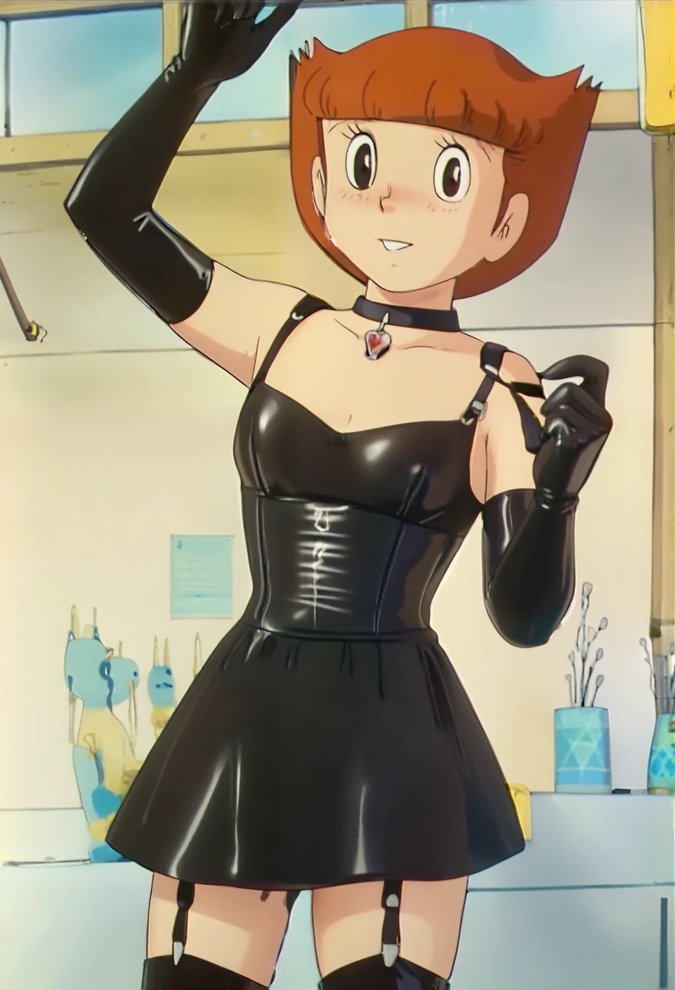 ((( short:1.2 )))、(((Child body type:1.2)))、((( middle school girl)))、 facing the front、BDSM、Queen、mistress、(((One girl)))、(((solo:1.8)))、(((Black latex elbow gloves:1.4)))、(((black leather corset dress:1.4)))、((( corset dress is adorned with beautiful lace)))、((( corset dress with shoulder straps )))、(((black leather tight miniskirt:1.4)))、((( Black Thigh-High Boots :1.4)))、(((Black rubber tights:1.2)))、((( stiletto heel boots:1.4)))、((( Black Latex High Leg Panties )))、(((Black latex bra)))、(((Black leather collar)))、((( Sexy Poses :1.4 )))、 wide thigh opening:1.2、((( erotic)))、((( cowboy shot)))、 close-up、((( place your hands on your lower back)))、Beautiful eyes with highlights、Beautiful, smooth skin、Two perfect anatomical arms、 Anatomically Perfect 2 Legs 、(Four perfect fingers and one thumb)、 greatest masterpiece、 masterpieces、High image quality、High resolution 8k、indoor、luxury hotel room、 bedroom 、 detailed face 、 detailed eyes on board、 orange hair、Big black eyes、 stares at the viewer 、 looking at the camera、wicked smile、smirk:1.4、blush:1.2