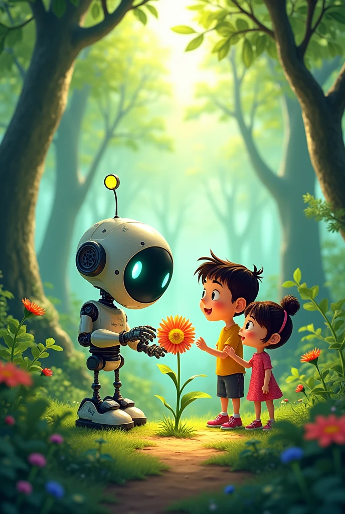 Create a robot sitting in a forest smelling a flower next to a girl and a boy cartoon network style