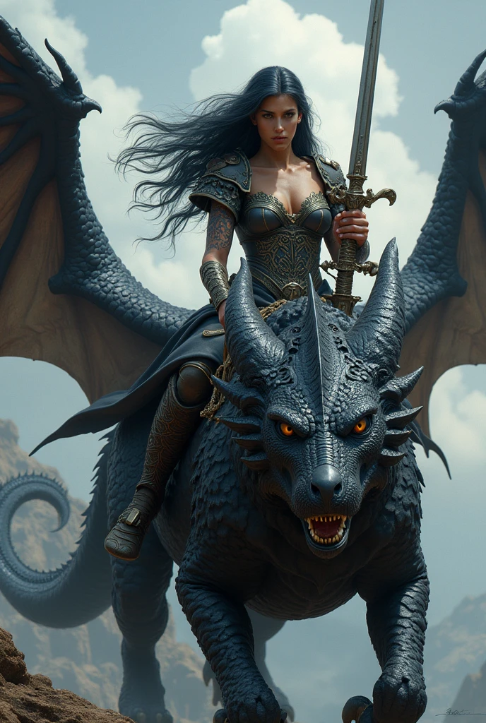 A mafia queen with a black fighting suit holding a bloody weapon sitting on a flying dragon scars on face