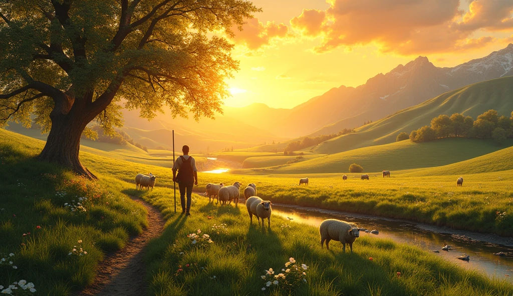 (Golden hour, serene, harmonious landscape inspired by classic art), a breathtaking pastoral scene at golden hour, capturing the tranquility of a vast, lush green meadow where a shepherd gracefully guides a flock of sheep toward a shimmering, crystal-clear brook. In the distance, rolling hills blend seamlessly into majestic mountains, creating a peaceful horizon bathed in the warm hues of a glowing orange sky. The foreground is adorned with blooming fruit trees, their branches heavy with vibrant flowers, filtering the soft, golden sunlight that dapples the ground below. Gentle ripples in the brook mirror the fiery colors of the sunset, adding depth and movement to the serene composition. The scene is imbued with the essence of classic art, rendered in a style reminiscent of romanticism, with impressionistic brushstrokes adding texture and emotion. Rich details and a soft focus enhance the idyllic atmosphere, while the radiant golden light ties the elements together in perfect harmony. | classic art style | romanticism | impressionistic brushstrokes | rich detail | soft focus | golden light.