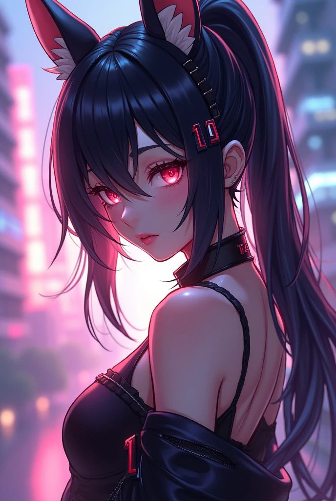 hair above one eye, red eyes, clear eyes, choker, open jacket, towards the wall,shineing grafiti, shineing tattoos, shine, neon light, Black light,anime style, movieポートレート写真, 1 female, 22 years ago, Full body Esbian,Blue eyes background, big and full breasts, anger, (scarlet colored hair), long hair, purple eyes, wearing a short black dress, (natural skin texture vivid details, surreal, (realistic detailed eyes, natural skin texture, realistic facial details), soft and dramatic lighting, Depth of written boundary, Bokeh, vivid details, surreal, 35mm movie, hazy blur, movie,lipstick, ear piercing, eye shadow, hoop earrings, Red-pink lips, 多色のred eyes, purple theme,Wear an iridescent aura,beautiful eyes,stand in front of the red gate、bold pose、decide on a pose,upper ponytail,Hanging bangs,sit