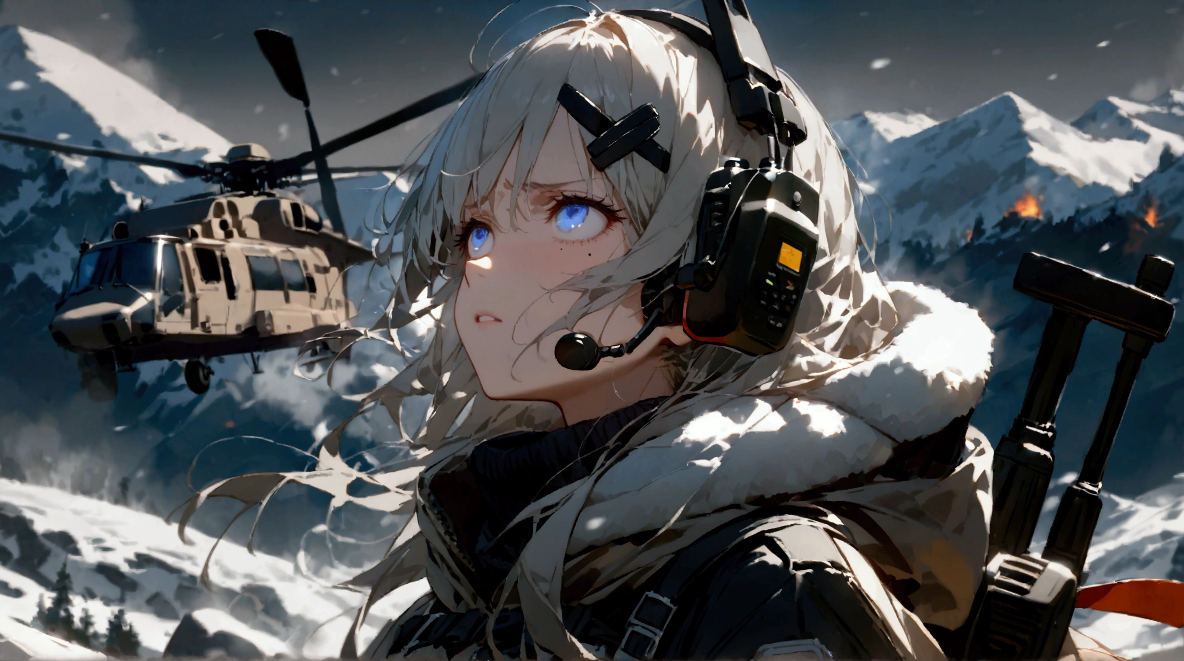 Girl with silver hair , with blue eyes , Hair clip ,  long straight hair , mole under left eye, earphone walkie talkie   ,  in a black turtleneck with open shoulders , wearing a warm white cloak with a hood  ,  The girl is equipped in modern light armor with ry armor on her arms, shoulders and knees,   a sniper rifle weighs behind my back on my belt , disgust on the face  ,  looking up  ,  against the snowy mountains  , a crashed military helicopter is burning in the background and a snowstorm is falling  