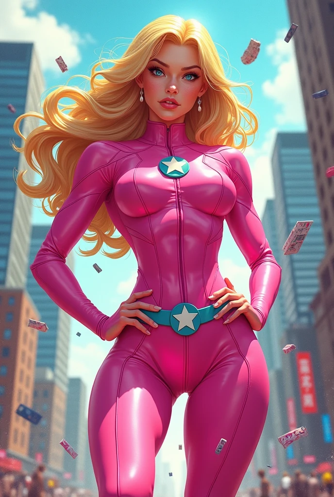 High quality,,retro futurism woman,fashion style,blonde long hair, beautiful face,long eyelashes,tight shine látex suit, minimum waist