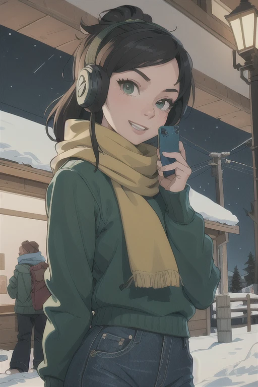 (masterpiece),(best quality),1girl,traceygtav,wearing green turtleneck sweater,earmuffs,blue jeans,scarf,happy,:d,at ski resort,at night,taking selfie, 