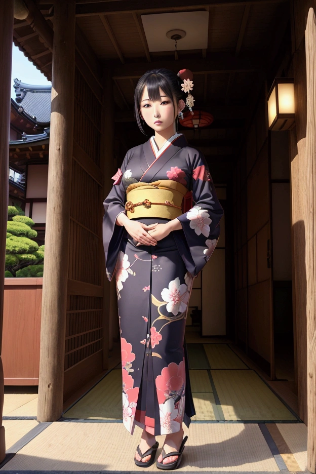Woodblock prints and ink, A girl turned around, Clothing product samples , kawaii, smile, with colored contacts in her eyes, Accessories, full body,walking , in summer , Kinkakuji Temple in Kyoto