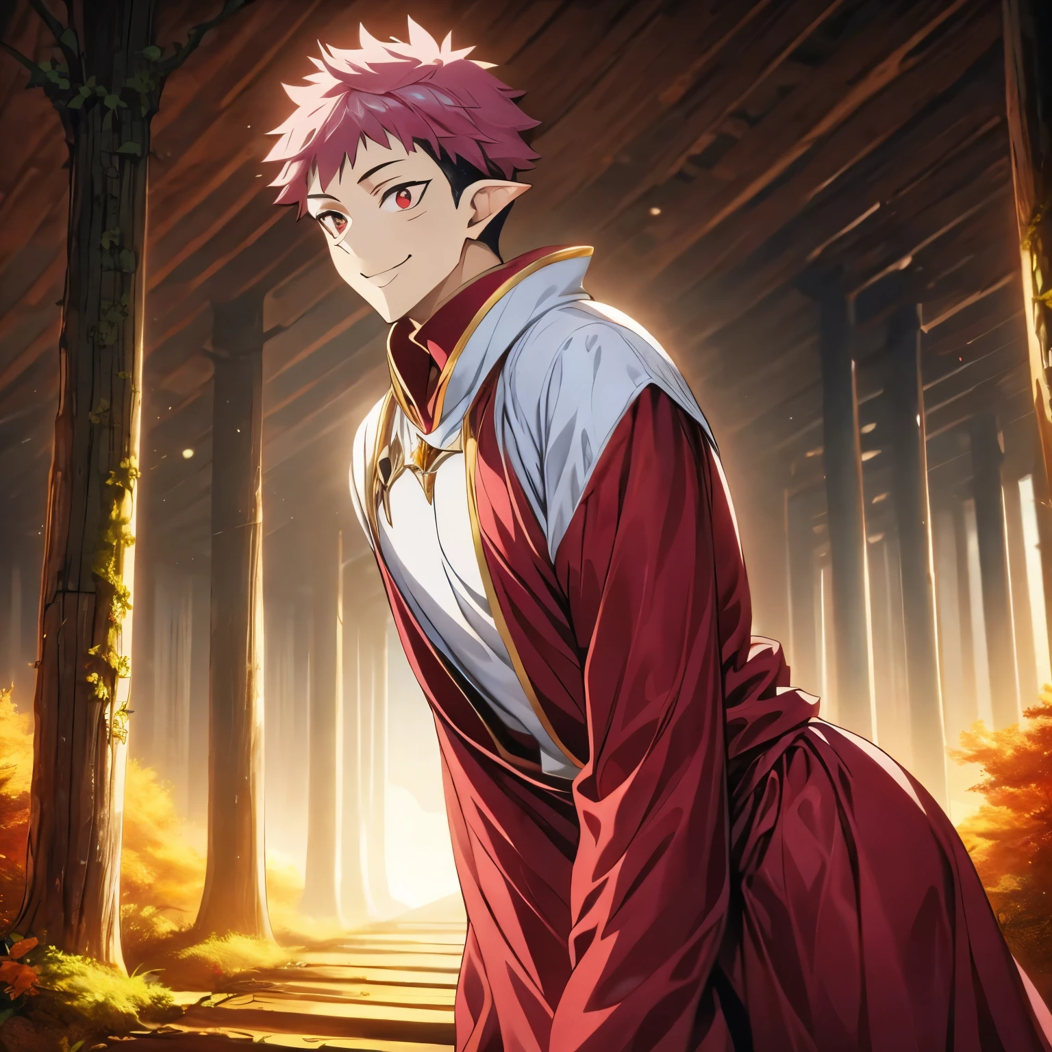 Prince's clothes. 1 man, Itadori Yuji, muscules in body, Elf ears.  Smile. pink hair, short hair, Red eyes , normal eyes. normal arms, anime style, cinematographic and vivid paisage, Surrounded by a forest in autumn orange


