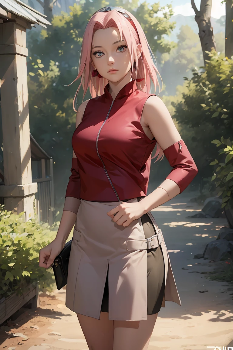 ((best quality)), (( masterpiece)), (detailed),  Perfect Face ((best quality)), (( masterpiece)), (detailed),  Perfect Face (best quality)), (( masterpiece)), (detailed),  Perfect Face (best quality)), (( masterpiece)), (detailed),  Perfect Face ,stunning realistic, photorealistic, photorealism, 1 sakura Haruno,standing in a tent,arsm behind back,full body perfect composition,wearnig skirt,3D